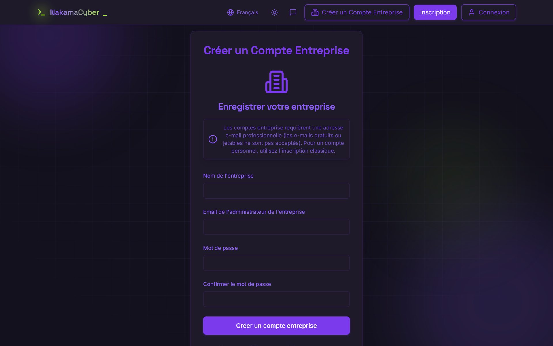 La création du compte entreprise